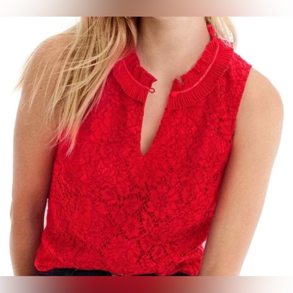 J. Crew Crimson Sleeveless Lace Top with Ruffle Collar and Eyelash Trim